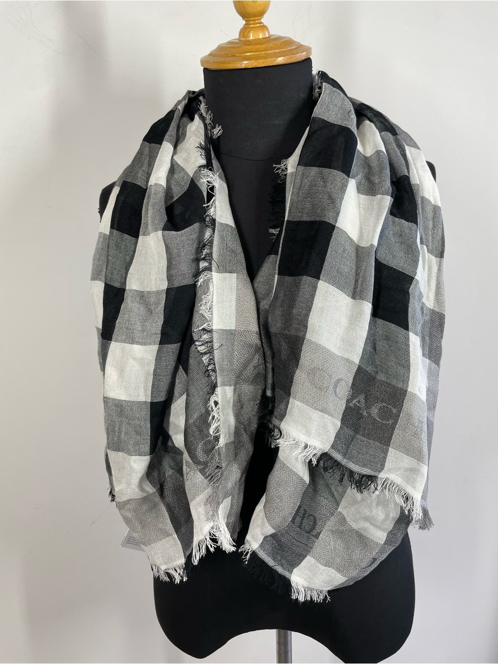 Coach Black White Buffalo Plaid Oversized Scarf Wrap Fringe Modal Blend Classic